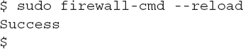 Line 1: dollar space sudo space firewall hyphen c m d space double hyphen reload. Line 2: Success. Line 3: dollar.