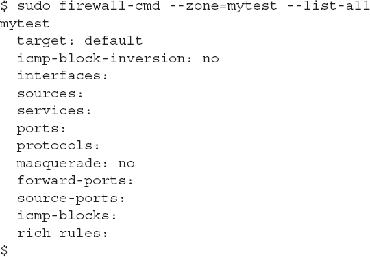 An output shows the current configuration for a zone by using the double hyphen list hyphen all option.