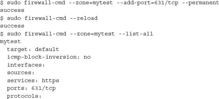 An output shows the addition of the double hyphen permanent option with rules specified as T C P port values.