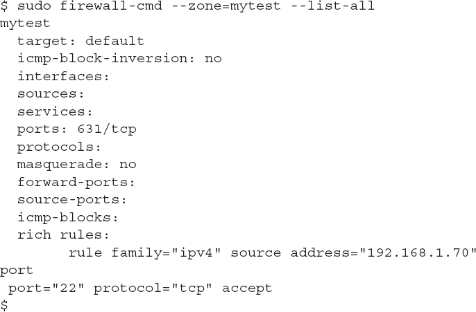 An output shows the rich rule applied to the my test zone.