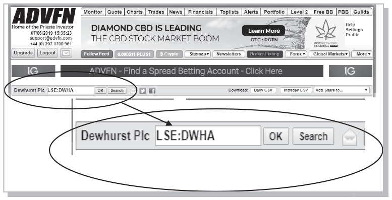 Figure shows the quote page of the ADVFN webpage. In a search tab titled “Dewhurst Plc,” the following text has been entered: “LSE:DWHA”, followed by the OK and Search buttons.