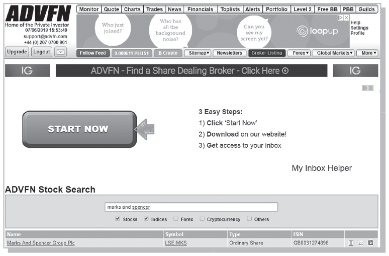 A screen shot shows a search screen on the ADVFN webpage.