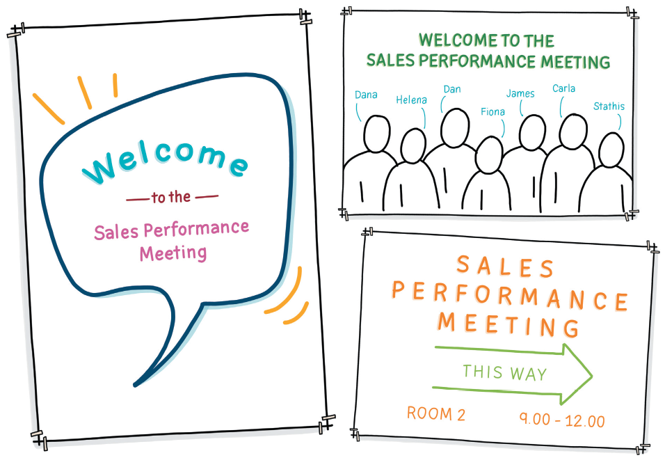 Illustration shows three sample charts. The first shows a callout that reads “Welcome to the sales performance meeting”, the second shows a group of people, and the third shows an arrow sign.