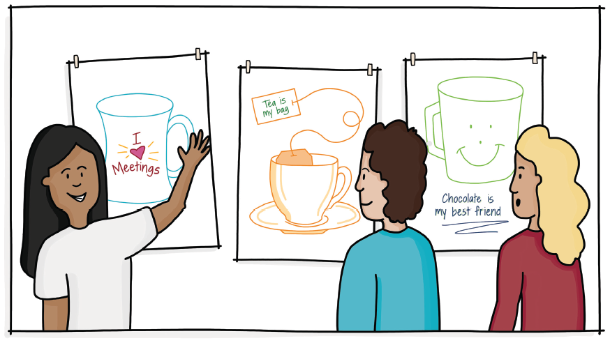 Illustration shows posters of three mugs put up on the wall. One poster reads “Tea is my bag” and another reads “Chocolate is my best friend”. Two colleagues are looking bewildered at the poster of a mug that reads “I love meetings”.