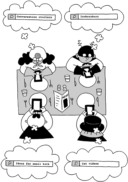 The director, facilitator, specialist and innovator sitting at a dinner table and looking at their smart phones. Bubble from each shows them searching for conversation starters, icebreakers, ideas for small talks and cat videos, respectively. 