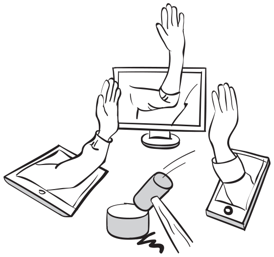 Three raised hands, one each coming out of a computer screen, a tablet and a smartphone. A gavel hitting an anvil is visible in the centre, surrounded by the three devices.