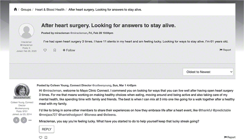 A screenshot of a query posted on the Mayo Clinic page a response by its director of community.