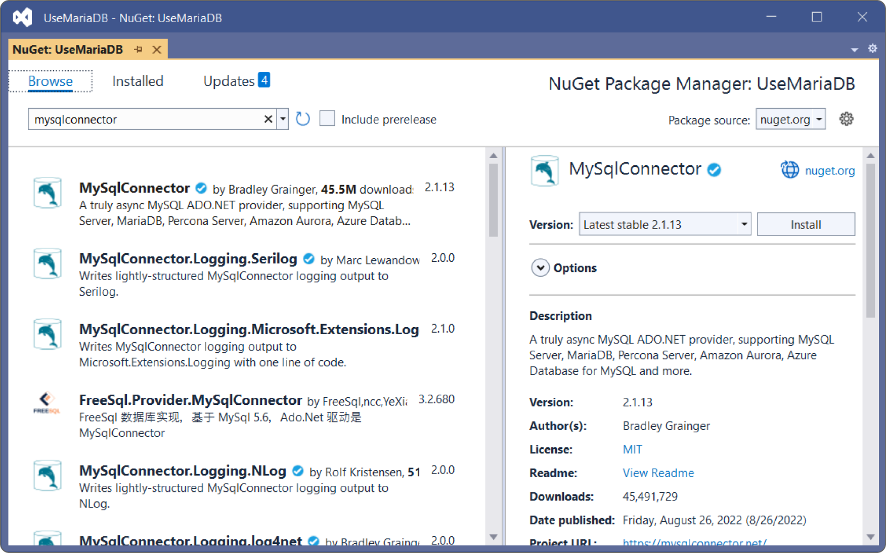 A representation exhibits the package selected in the NuGet Package Manager.