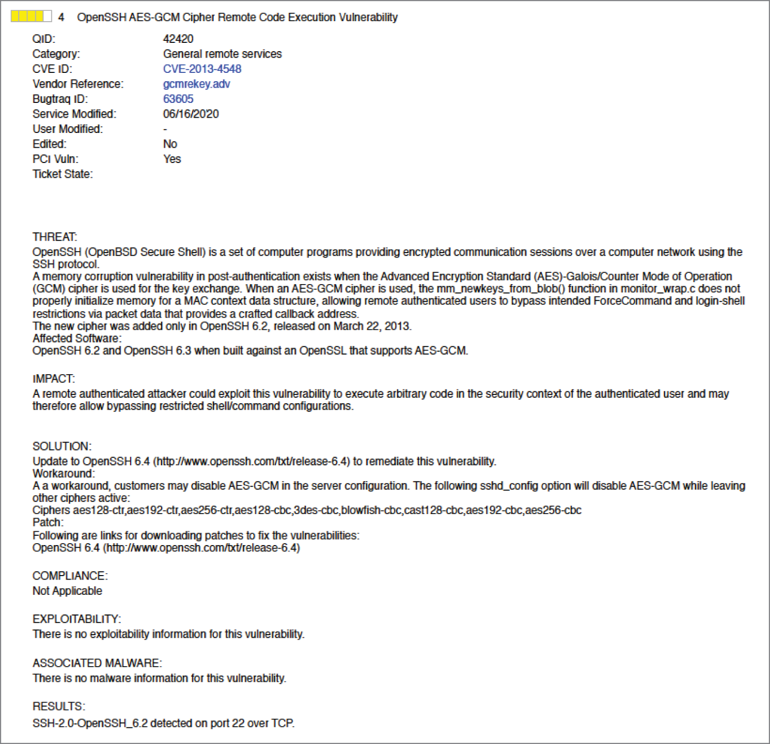 A window page depicts the threat, impact, solution, compliance, exploitability, associated malware, and the results.