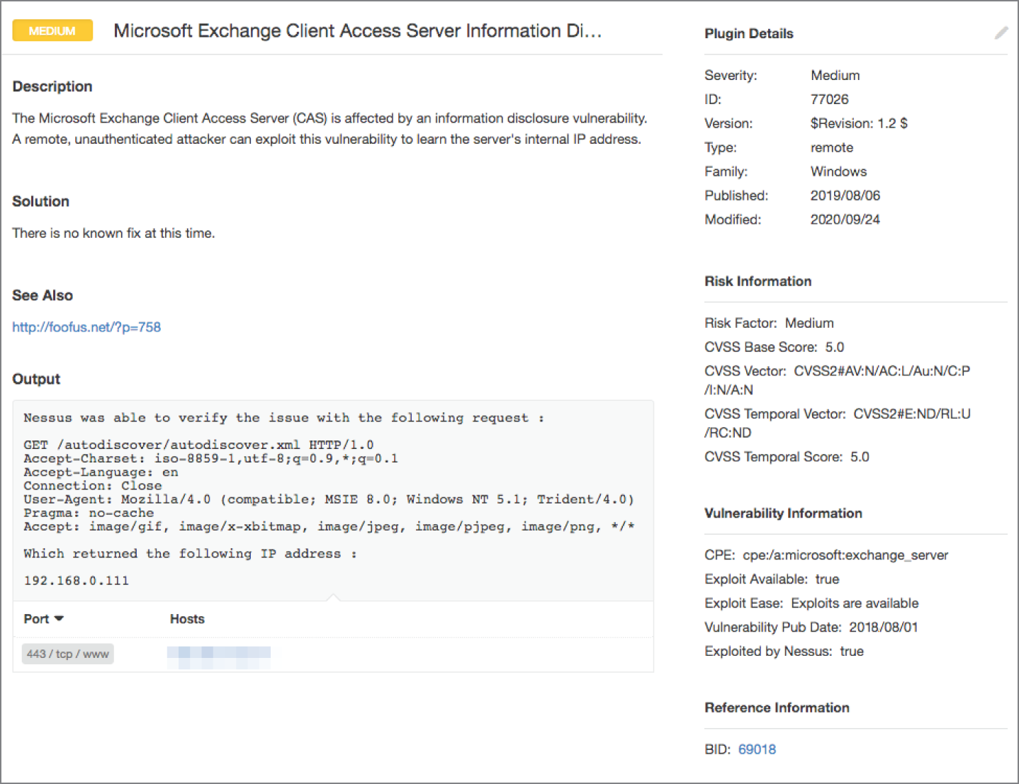 A window page depicts the description, plugin details, solution, output, port, hosts, risk information, vulnerability information, and reference information.