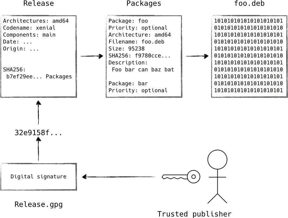 The maintainer signs the Release file  which contains a hash of the Packages index  which contains hashes of the packages themselves