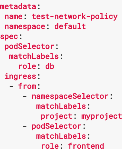 A snippet from a Kubernetes network policy. These policies use workload labels  computing the underlying IP based enforcement rules when and where necessary.