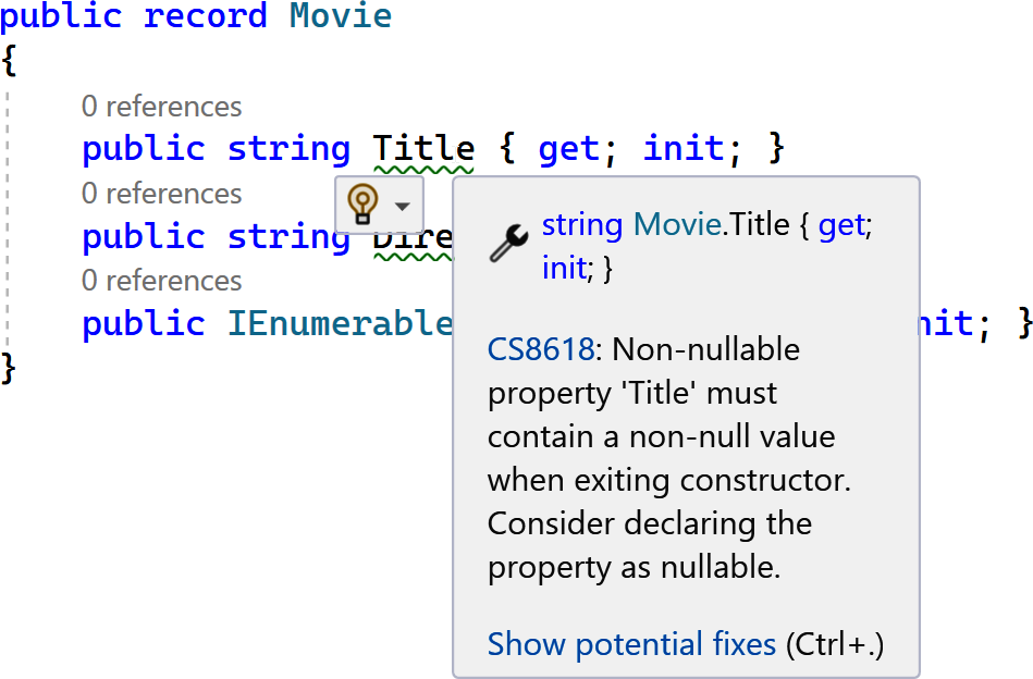 Warnings for nullable properties on a record