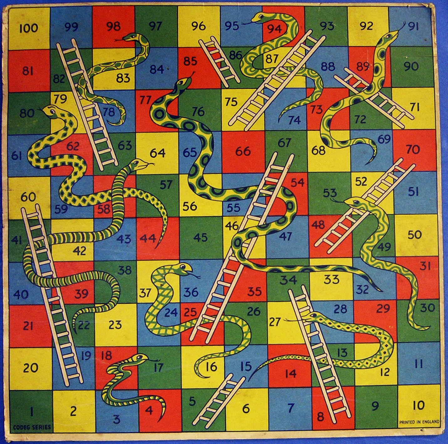A Snakes and Ladders board
