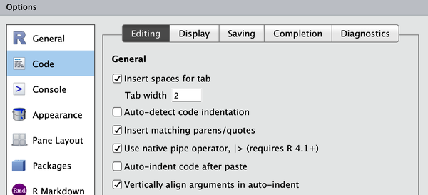 Screenshot showing the "Use native pipe operator" option which can be found on the "Editing" panel of the "Code" options.