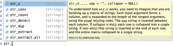 str_c typed into the RStudio console with the autocomplete tooltip shown on top, which lists functions beginning with str_c. The function signature and beginning of the main page for the highlighted function from the autocomplete list are shown in a panel to its right.