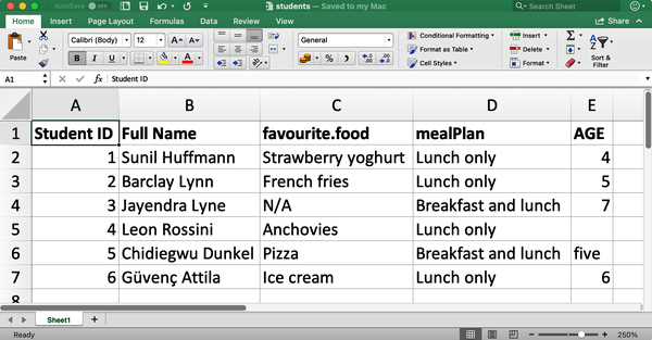 A look at the students spreadsheet in Excel. The spreadsheet contains information on 6 students, their ID, full name, favorite food, meal plan, and age.