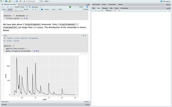 RStudio window with a Quarto document titled "diamond-sizes.qmd" on the left and a blank Viewer window on the right. The Quarto document has a code chunk that creates a frequency plot of diamonds that weigh less than 2.5 carats. The plot shows that the frequency decreases as the weight increases.
