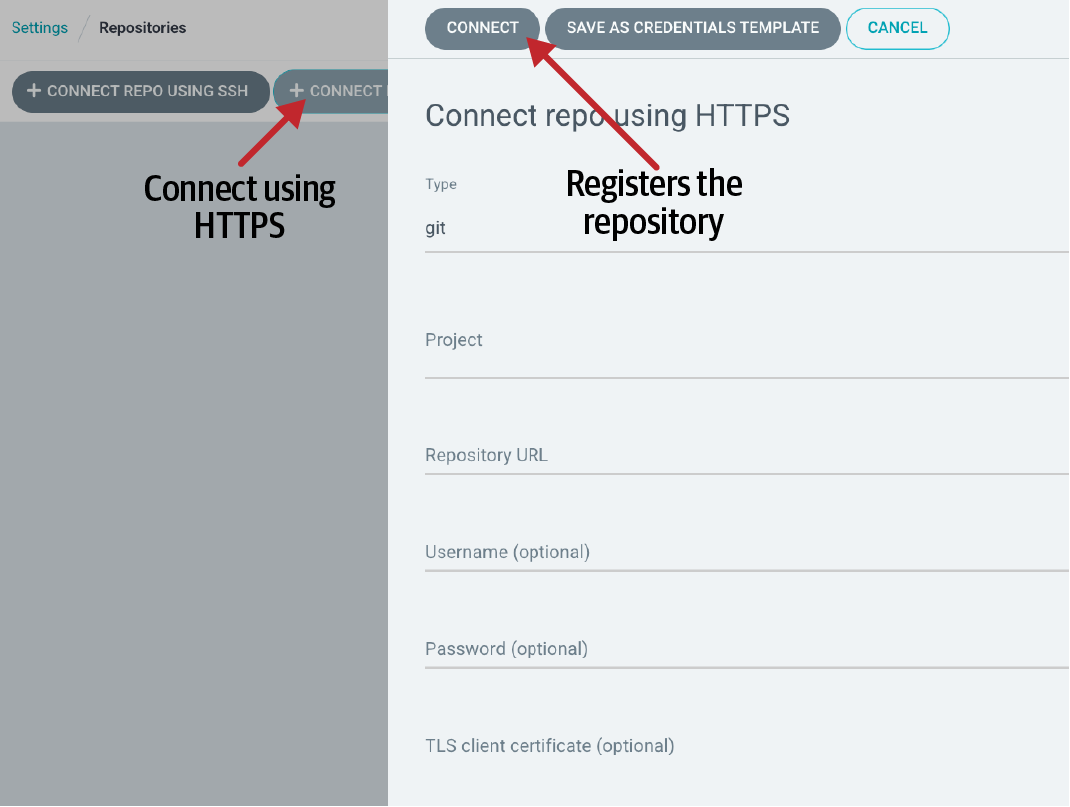 Configuration of the repository with HTTPS credentials