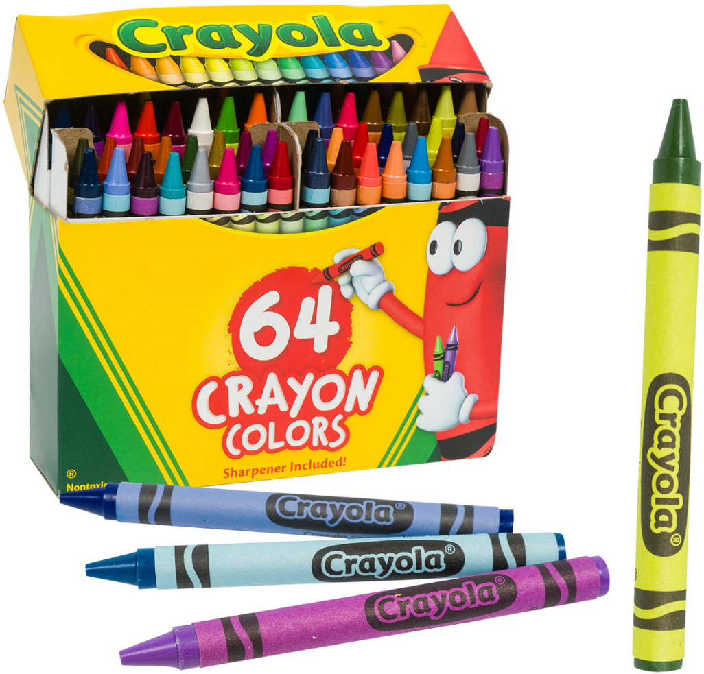 Open box of 64 crayons with a few crayons out of the box