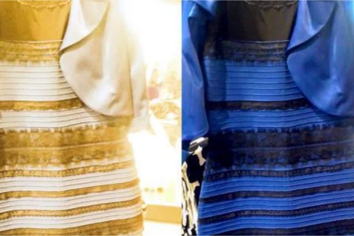 A dress that appears to be different colors—white and gold or black and blue.
