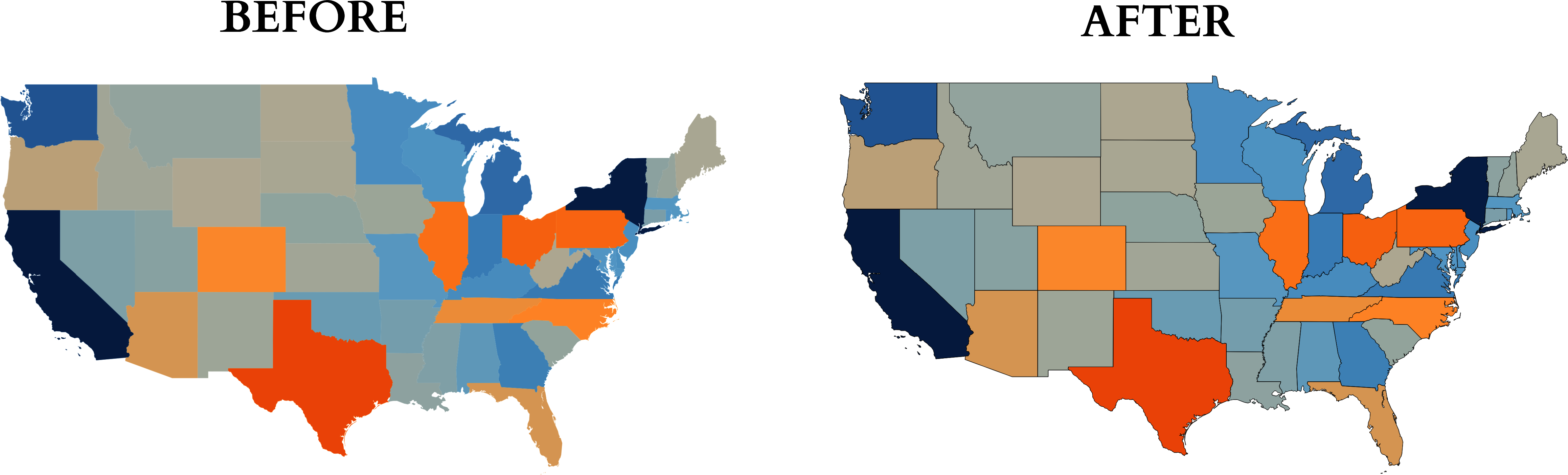 Two map views demonstrating how a black divider can separate geographic locations and create a more visually appealing image