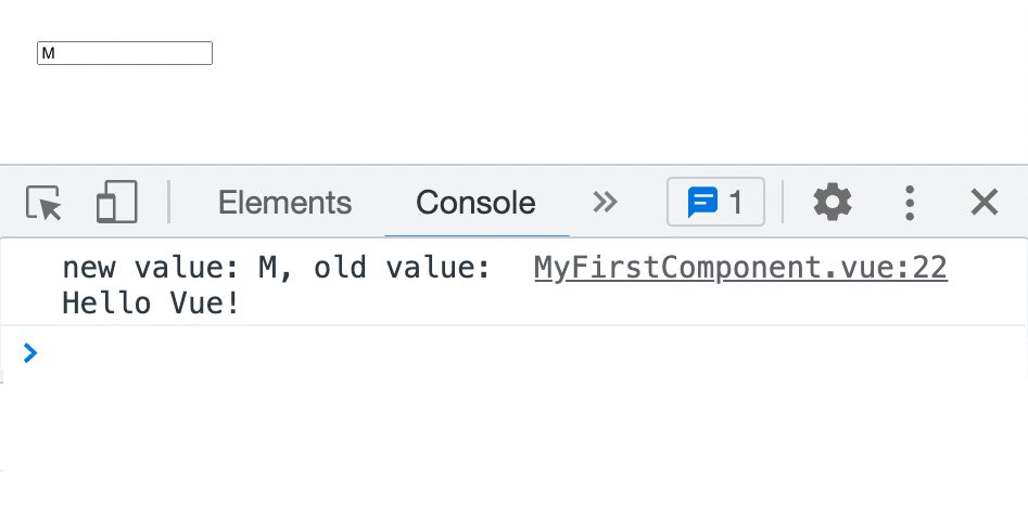 A screenshot shows the console log output whenever the message changes, with new value first and old value second