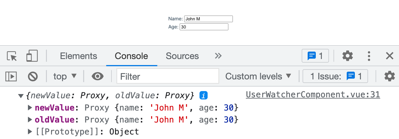 A screenshot shows the console log output whenever the user object's nested properties change, with new value first and old value second