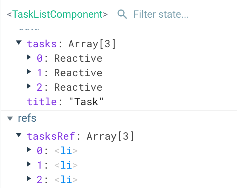 Vue Devtools showing the tasksRef reference instance with three li elements