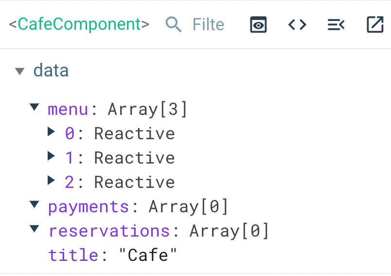 Vue Devtools showing the CafeComponent