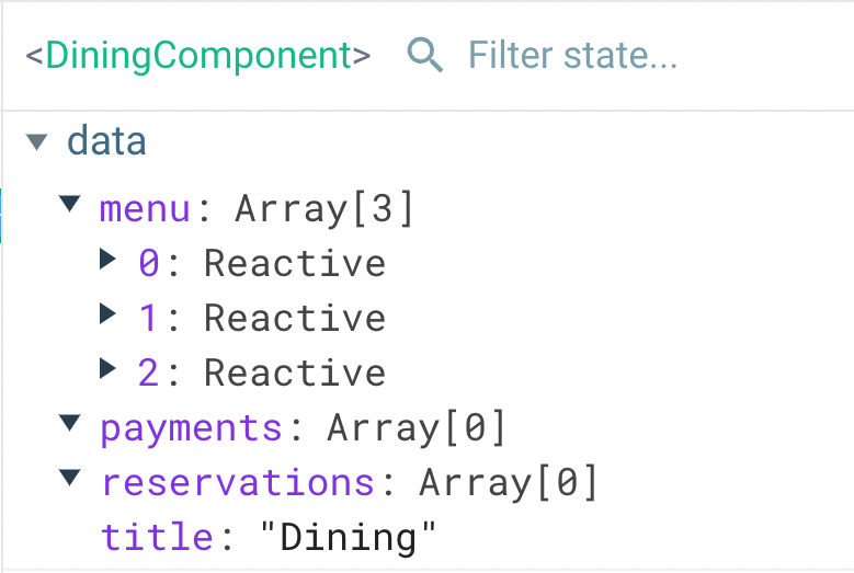 Vue Devtools showing the DiningComponent