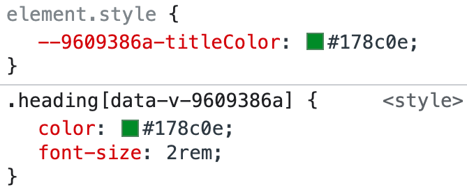 The generated color property for the .heading selector has the same value as the generated hashed CSS property of titleColor