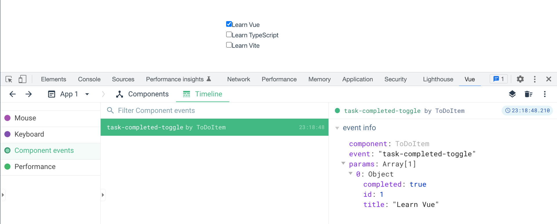 A screenshot of the Vue Devtools showing the event emitted by the +ToDoItem+ component
