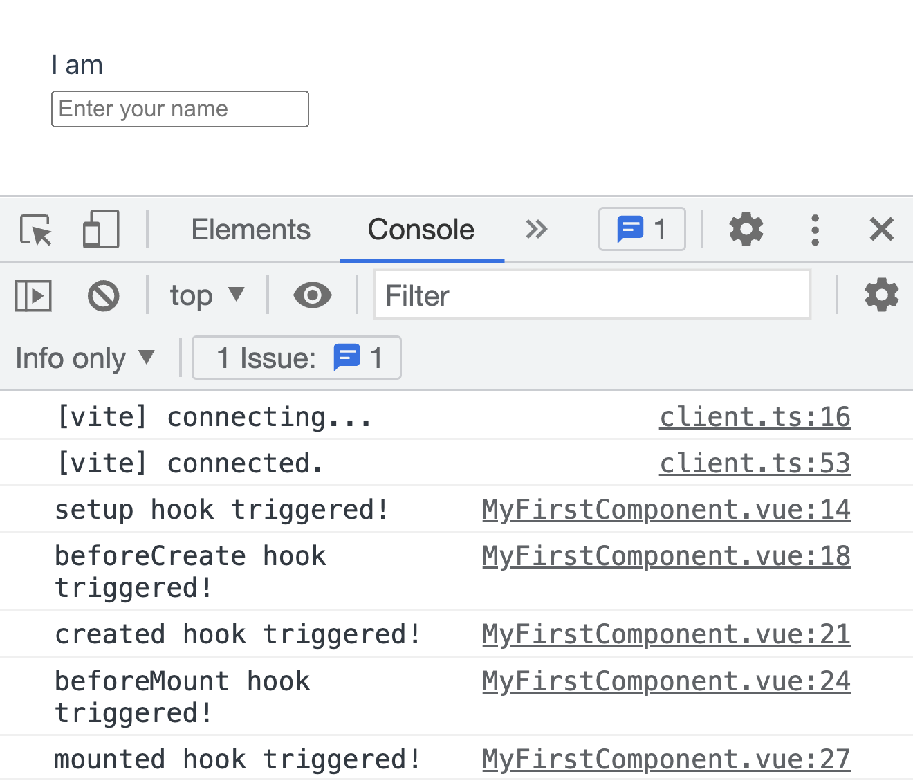 Console log output for the above component in the first render