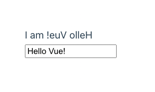 A screenshot displays a reversed message based on the Hello Vue message