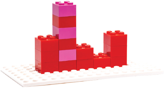 A LEGO brick wall with increasing and decreasing numbers of bricks from column to column, on a baseplate.