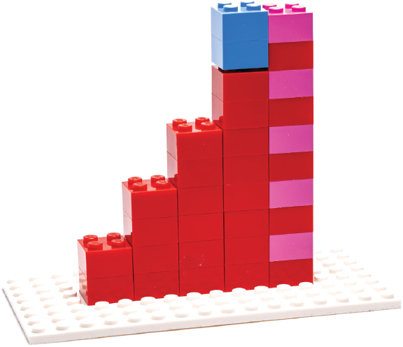 Same as Figure 1-1 but now a set of two blue LEGO bricks has been placed on top of the column 8 bricks high so that it is the same height as the ten-brick-tall column.