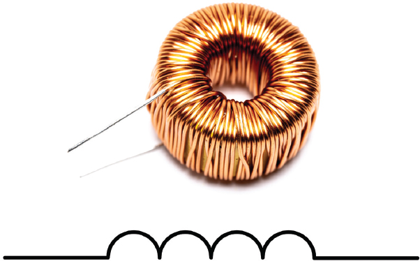 An inductor, which is an enamelled copper wire coiled around a ferrous core. The core, in this case, is donut-shaped. The exposed ends of the coiled wire protrude from one side. The symbol is a straight line interrupted by a series of semi-circular arcs.