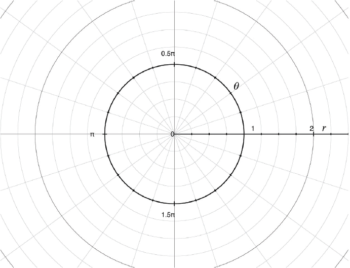 A 2D graph in polar coordinates. It consists of a radial axis measuring distance in any direction from the center, and an angular axis measuring rotation from a reference direction pointing to the right.