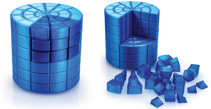 A cylinder standing on one end is divided into parallel layers in the vertical direction, and divided by concentric circles and radial lines in the plane of its top. A wedge of these volume pieces is shown first completing the cylinder, then spread out to show the different shapes of volume elements. These 27 volume elements have three distict shapes. The smallest one is a wedge, the second one is larger, and is shaped like a wedge with twice the radius, but with the original wedge removed. The third is the largest, and is shaped like a wedge three times the radius of the first, with both smaller pieces removed.