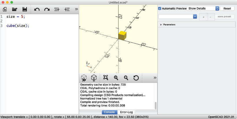 Screenshot of an OpenSCAD window, showing three panes: a text editor, a display of a geometrical figure, and the customizer. The text editor shows a line of code creating a variable called “side” set to 5, and a line creating a cube using that variable for the size. The middle pane shows a preview of a 5 millimeter cube, the customizer pane shows the “side” variable with its value of 5, with controls for modifying the value.