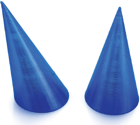 A cone, and a cone with the same base and height, but with its top pulled off to one side.