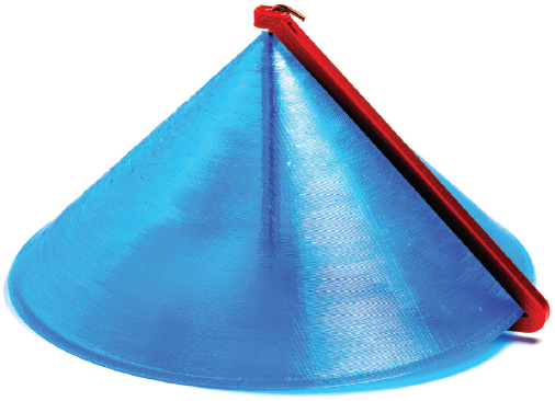 A 3D print consisting of a cone and a separate piece shaped like a line running along the cone's side to its base, then along the base to its center. A wire runs through the center of the cone, pinning the ends to the line to it, so that it can be swept around the cone, following its surface.