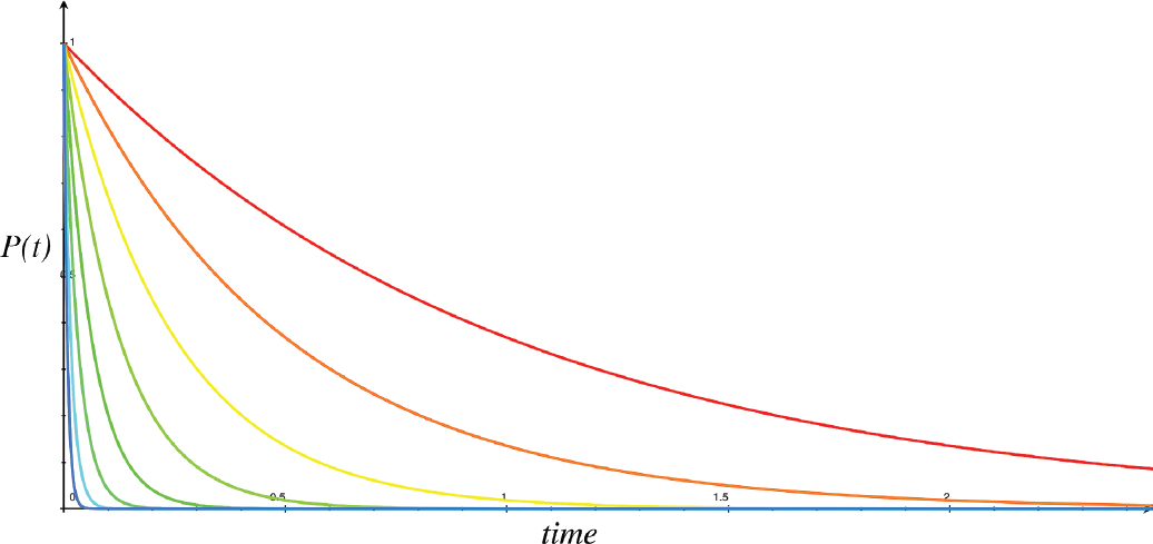 A 2D graph with curves representing exponential decay with various parameters. All start out at the same initial value, but over time drop down at various rates.