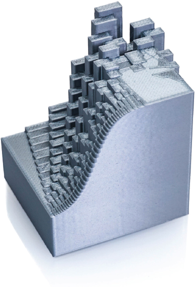 A 3D print of the result of simulating a logistic equation with varying step size. Close to the viewer, the curve is broken into many small steps which give a recognizable decay toward a steady state. Farther from the viewer, the step sizes are bigger. Steps that are too large result in overshoots, which cause the value to oscillate around the steady state.