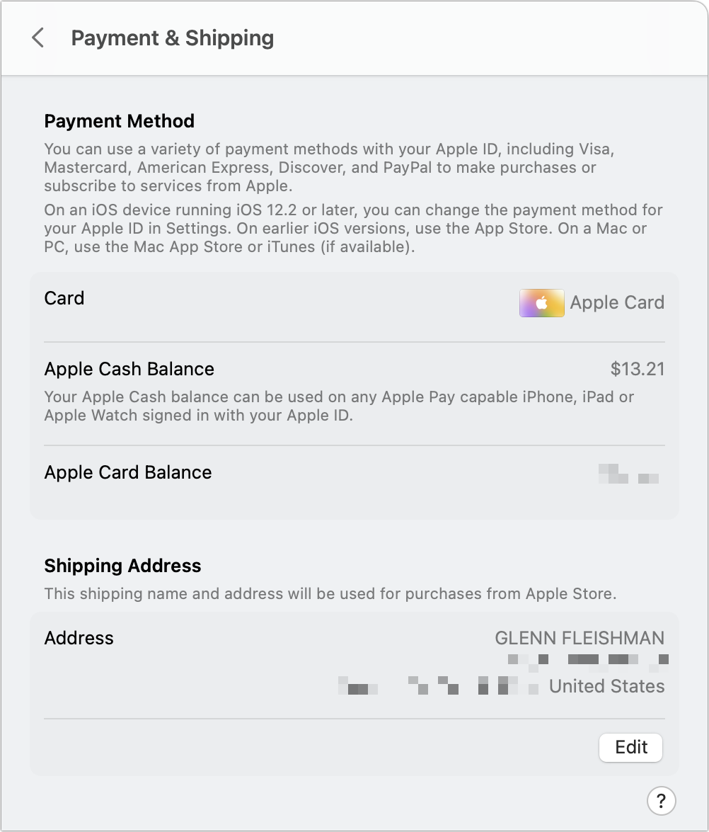 Figure 11: View, but not edit, payment details in macOS.