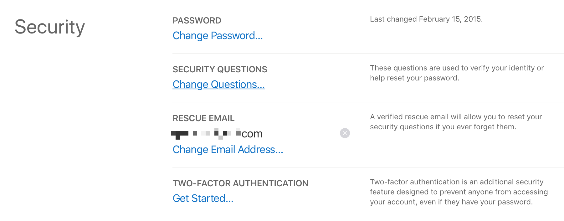 Figure 12: Use the Apple ID site to manage rescue addresses for accounts protected only by your password.