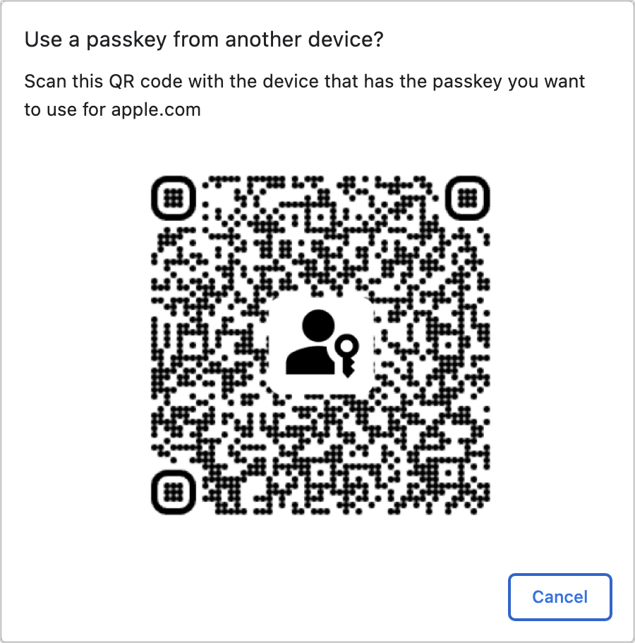 Figure 23: Scan the passkey, here shown for a Google Chrome login in macOS. (Sample QR code from Google inserted.)