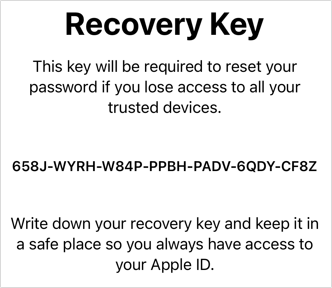 Figure 34: The recovery key appears and you cannot copy it. (I can show you my key, as I later reset it and it’s not of any use.)