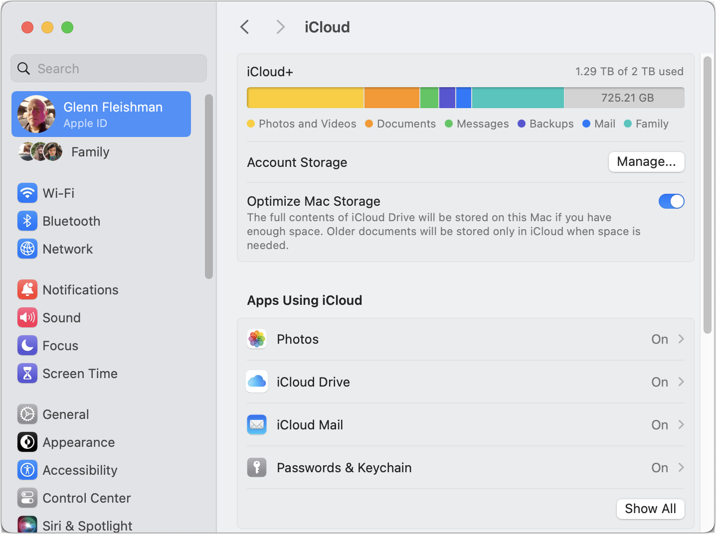 Figure 5: The iCloud view in macOS System Settings (Sonoma shown here) is one of many locations where you can manage aspects associated with an Apple ID.